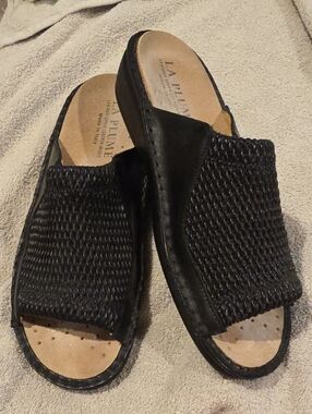 Black Blue Woven Flexible Leather LaPlume Slide Clogs for Women Size 9.5 +/-